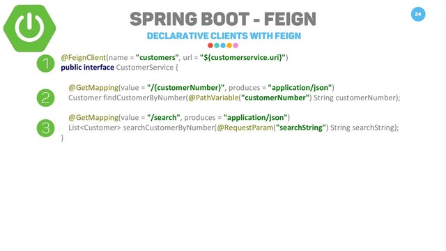 Spring Boot - Feign
Declarative Clients with feign
24
@FeignClient(name = "customers", url = "${customerservice.uri}")
public interface CustomerService {
@GetMapping(value = "/{customerNumber}", produces = "application/json")
Customer findCustomerByNumber(@PathVariable("customerNumber") String customerNumber);
@GetMapping(value = "/search", produces = "application/json")
List searchCustomerByNumber(@RequestParam("searchString") String searchString);
}
1
2
3
