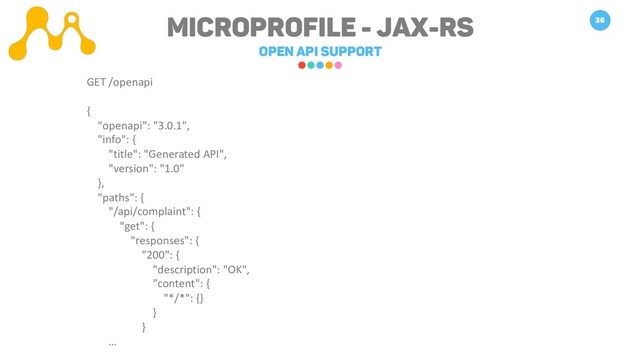 Microprofile - JAX-RS
OPEN API Support
36
GET /openapi
{
"openapi": "3.0.1",
"info": {
"title": "Generated API",
"version": "1.0"
},
"paths": {
"/api/complaint": {
"get": {
"responses": {
"200": {
"description": "OK",
"content": {
"*/*": {}
}
}
…
