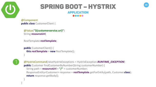 Spring Boot – Hystrix
Application
43
@Component
public class CustomerClient {
@Value("${customerservice.uri}")
String resourceUrl;
RestTemplate restTemplate;
public CustomerClient() {
this.restTemplate = new RestTemplate();
}
@HystrixCommand(raiseHystrixExceptions = HystrixException.RUNTIME_EXCEPTION)
public Customer findCustomerByNumber(String customerNumber) {
String path = resourceUrl + "/" + customerNumber;
ResponseEntity response = restTemplate.getForEntity(path, Customer.class);
return response.getBody();
}
}
1
