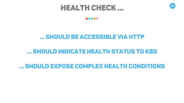 Health Check … 52
… should be accessible via HTTP
… should indicate health status to K8s
… should expose complex health conditions
