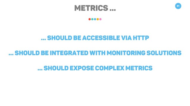 METRICS … 61
… should be accessible via HTTP
… should be integrated with monitoring solutions
… should expose complex metrics
