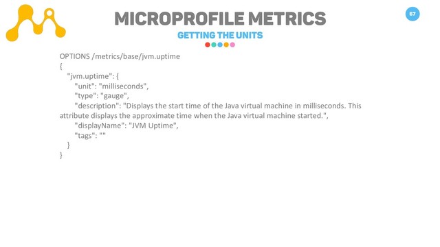 Microprofile METRICS
Getting the units
67
OPTIONS /metrics/base/jvm.uptime
{
"jvm.uptime": {
"unit": "milliseconds",
"type": "gauge",
"description": "Displays the start time of the Java virtual machine in milliseconds. This
attribute displays the approximate time when the Java virtual machine started.",
"displayName": "JVM Uptime",
"tags": ""
}
}
