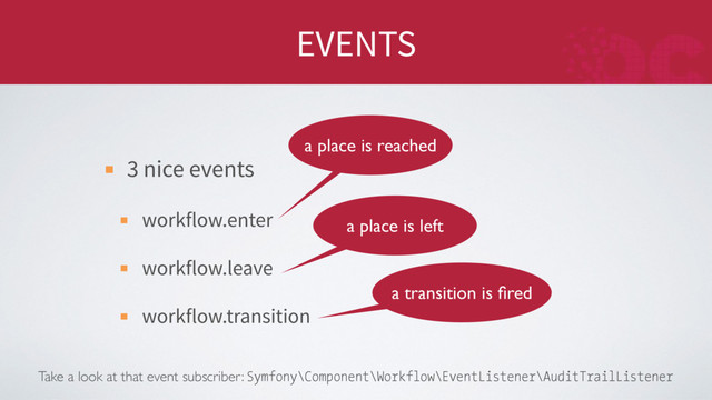 EVENTS
3 nice events
workflow.enter
workflow.leave
workflow.transition
Take a look at that event subscriber: Symfony\Component\Workflow\EventListener\AuditTrailListener
a place is left
a place is reached
a transition is ﬁred
