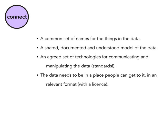 connect
• A common set of names for the things in the data.
• A shared, documented and understood model of the data.
• An agreed set of technologies for communicating and
manipulating the data (standards!).
• The data needs to be in a place people can get to it, in an
relevant format (with a licence).
