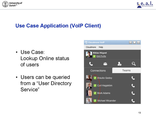 Use Case Application (VoIP Client)
13
•  Use Case:
Lookup Online status
of users
•  Users can be queried
from a “User Directory
Service”
