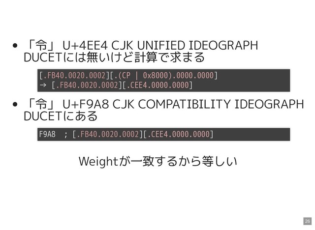 「令」 U+4EE4 CJK UNIFIED IDEOGRAPH
DUCETには無いけど計算で求まる
「令」 U+F9A8 CJK COMPATIBILITY IDEOGRAPH
DUCETにある
Weightが一致するから等しい
[.FB40.0020.0002][.(CP | 0x8000).0000.0000]
→ [.FB40.0020.0002][.CEE4.0000.0000]
F9A8 ; [.FB40.0020.0002][.CEE4.0000.0000]
26
