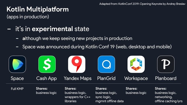- it’s in experimental state
- although we keep seeing new projects in production
- Space was announced during Kotlin Conf 19 (web, desktop and mobile)
(apps in production)
Kotlin Multiplatform
Space
Adapted from: KotlinConf 2019: Opening Keynote by Andrey Breslav
Full KMP
Cash App
Shares:
business logic
Yandex Maps
Shares:
business logic,
wrappers for C++
libraries
PlanGrid Planboard
Workspace
Shares:
business logic,
sync logic,
mgmnt offline data
Shares:
business logic,
networking,
offline caching lyrs
Shares:
business logic

