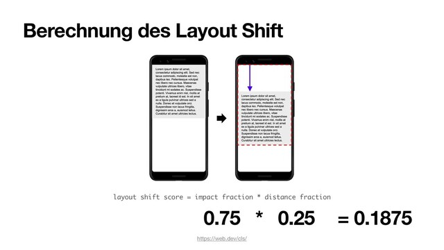 Berechnung des Layout Shift
https://web.dev/cls/
layout shift score = impact fraction * distance fraction
0.75 0.25
* = 0.1875
