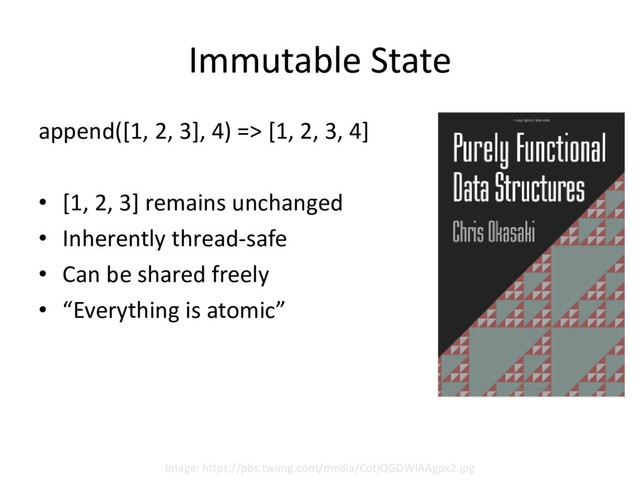 Immutable State
append([1, 2, 3], 4) => [1, 2, 3, 4]
• [1, 2, 3] remains unchanged
• Inherently thread-safe
• Can be shared freely
• “Everything is atomic”
Image: https://pbs.twimg.com/media/CotjQGDWIAAgpx2.jpg
