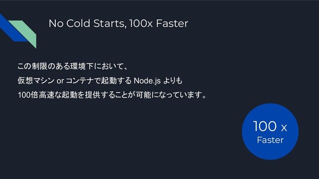 No Cold Starts, 100x Faster
この制限のある環境下において、
仮想マシン or コンテナで起動する Node.js よりも
100倍高速な起動を提供することが可能になっています。
100 x
Faster
