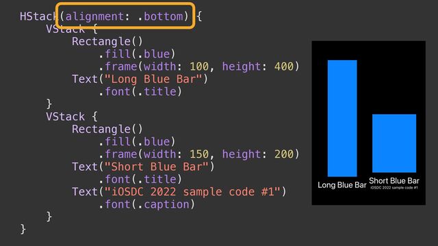 HStack(alignment: .bottom) {


VStack {


Rectangle()


.fill(.blue)


.frame(width: 100, height: 400)


Text("Long Blue Bar")


.font(.title)


}


VStack {


Rectangle()


.fill(.blue)


.frame(width: 150, height: 200)


Text("Short Blue Bar")


.font(.title)


Text("iOSDC 2022 sample code #1")


.font(.caption)


}


}
