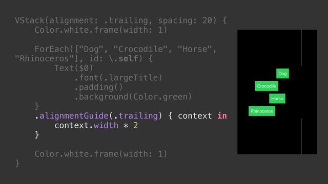 VStack(alignment: .trailing, spacing: 20) {


Color.white.frame(width: 1)




ForEach(["Dog", "Crocodile", "Horse",
"Rhinoceros"], id: \.self) {


Text($0)


.font(.largeTitle)


.padding()


.background(Color.green)


}


.alignmentGuide(.trailing) { context in


context.width * 2


}




Color.white.frame(width: 1)


}

