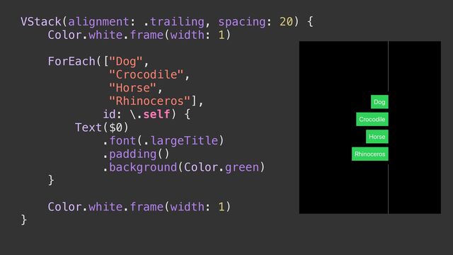 VStack(alignment: .trailing, spacing: 20) {


Color.white.frame(width: 1)


ForEach(["Dog",


"Crocodile",


"Horse",


"Rhinoceros"],


id: \.self) {


Text($0)


.font(.largeTitle)


.padding()


.background(Color.green)


}


Color.white.frame(width: 1)


}


