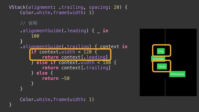VStack(alignment: .trailing, spacing: 20) {


Color.white.frame(width: 1)


// লུ


.alignmentGuide(.leading) { _ in


100


}


.alignmentGuide(.trailing) { context in


if context.width < 120 {


return context[.leading]


} else if context.width < 180 {


return context[.trailing]


} else {


return -50


}


}




Color.white.frame(width: 1)


}
