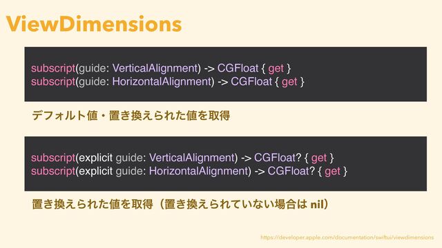 subscript(guide: VerticalAlignment) -> CGFloat { get }
subscript(guide: HorizontalAlignment) -> CGFloat { get }
ViewDimensions
https://developer.apple.com/documentation/swiftui/viewdimensions
subscript(explicit guide: VerticalAlignment) -> CGFloat? { get }
subscript(explicit guide: HorizontalAlignment) -> CGFloat? { get }
σϑΥϧτ஋ɾஔ͖׵͑ΒΕͨ஋Λऔಘ
ஔ͖׵͑ΒΕͨ஋Λऔಘʢஔ͖׵͑ΒΕ͍ͯͳ͍৔߹͸ nilʣ
