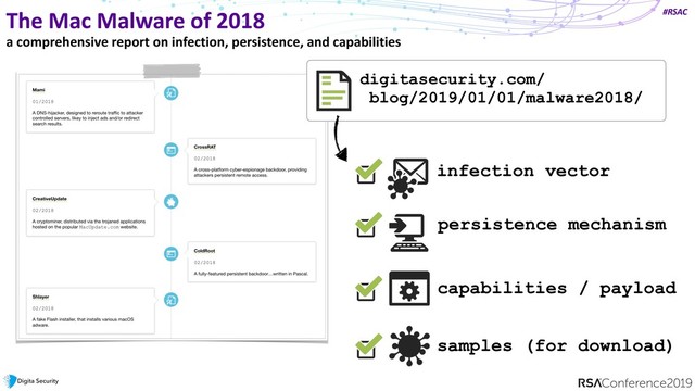 #RSAC
The Mac Malware of 2018
digitasecurity.com/
blog/2019/01/01/malware2018/
infection vector
persistence mechanism
capabilities / payload
samples (for download)
a comprehensive report on infection, persistence, and capabilities
