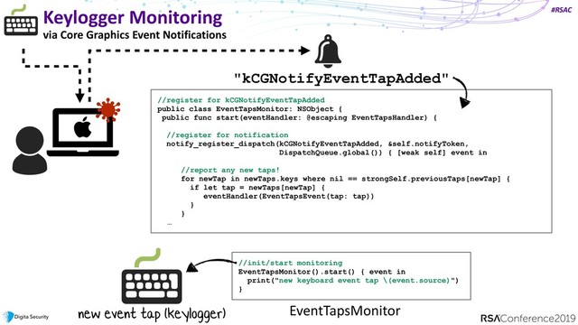 #RSAC
Keylogger Monitoring
via Core Graphics Event Notifications
"kCGNotifyEventTapAdded"
//register for kCGNotifyEventTapAdded
public class EventTapsMonitor: NSObject {
public func start(eventHandler: @escaping EventTapsHandler) { 
 
//register for notification
notify_register_dispatch(kCGNotifyEventTapAdded, &self.notifyToken,
DispatchQueue.global()) { [weak self] event in 
//report any new taps!
for newTap in newTaps.keys where nil == strongSelf.previousTaps[newTap] {
if let tap = newTaps[newTap] {
eventHandler(EventTapsEvent(tap: tap))
}
}
…
EventTapsMonitor
new event tap (keylogger)
//init/start monitoring
EventTapsMonitor().start() { event in
print("new keyboard event tap \(event.source)")
}
