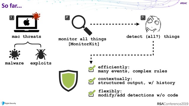 #RSAC
So far...
mac threats
monitor all things
[MonitorKit]
}
malware exploits
detect (all?) things
efficiently: 
many events, complex rules
contextually:
structured output, w/ history
flexibly:
modify/add detections w/o code

