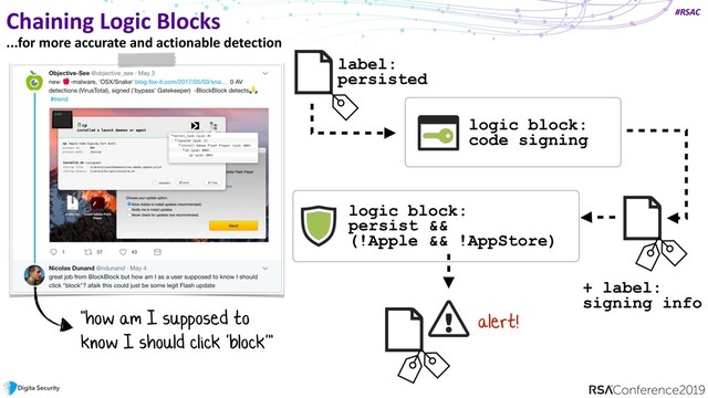 #RSAC
Chaining Logic Blocks
...for more accurate and actionable detection
label:
persisted
"how am I supposed to
know I should click 'block'"
logic block:  
code signing
logic block:  
persist &&  
(!Apple && !AppStore)
alert!
+ label:  
signing info
