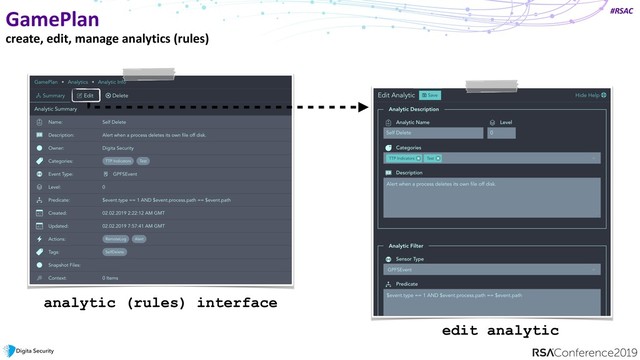 #RSAC
GamePlan
create, edit, manage analytics (rules)
analytic (rules) interface
edit analytic
