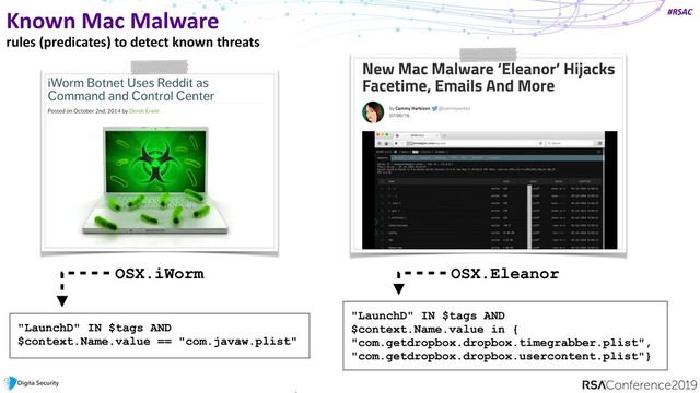 #RSAC
Known Mac Malware
rules (predicates) to detect known threats
OSX.iWorm
"LaunchD" IN $tags AND
$context.Name.value == "com.javaw.plist"
OSX.Eleanor
"LaunchD" IN $tags AND
$context.Name.value in {
"com.getdropbox.dropbox.timegrabber.plist",
"com.getdropbox.dropbox.usercontent.plist"}
