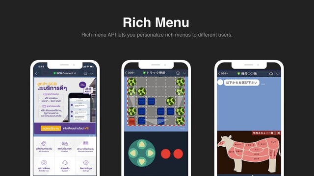 Rich Menu
Rich menu API lets you personalize rich menus to different users.
