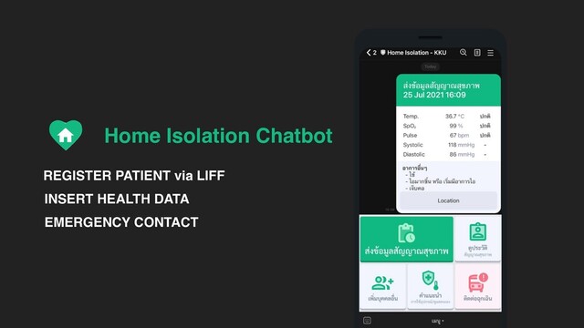 REGISTER PATIENT via LIFF
INSERT HEALTH DAT
A

EMERGENCY CONTACT
Home Isolation Chatbot
