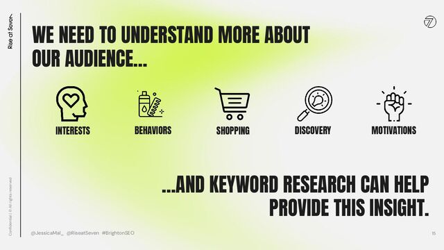 Conﬁdential | © All rights reserved
15
WE NEED TO UNDERSTAND MORE ABOUT
OUR AUDIENCE…
INTERESTS BEHAVIORS SHOPPING DISCOVERY MOTIVATIONS
…AND KEYWORD RESEARCH CAN HELP
PROVIDE THIS INSIGHT.
@JessicaMal_ @RiseatSeven #BrightonSEO
