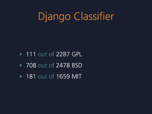 Django Classiﬁer
• 111 out of 2287 GPL
• 708 out of 2478 BSD
• 181 out of 1659 MIT
