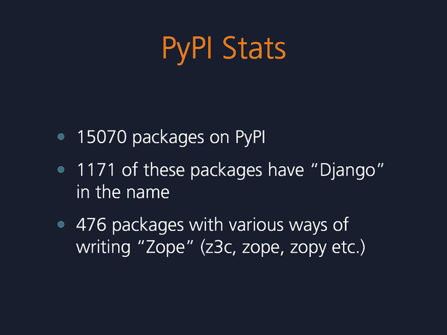 PyPI Stats
• 15070 packages on PyPI
• 1171 of these packages have “Django”
in the name
• 476 packages with various ways of
writing “Zope” (z3c, zope, zopy etc.)
