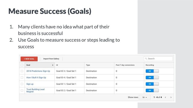 Measure Success (Goals)
1. Many clients have no idea what part of their
business is successful
2. Use Goals to measure success or steps leading to
success
