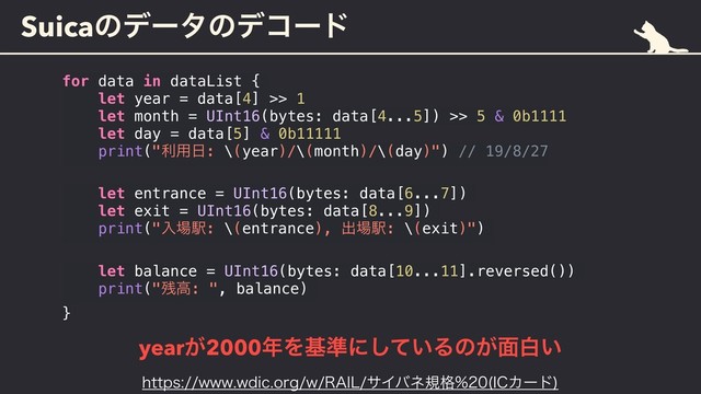 Suicaͷσʔλͷσίʔυ
for data in dataList {
let year = data[4] >> 1
let month = UInt16(bytes: data[4...5]) >> 5 & 0b1111
let day = data[5] & 0b11111
print("ར༻೔: \(year)/\(month)/\(day)") // 19/8/27
let entrance = UInt16(bytes: data[6...7])
let exit = UInt16(bytes: data[8...9])
print("ೖ৔Ӻ: \(entrance), ग़৔Ӻ: \(exit)")
let balance = UInt16(bytes: data[10...11].reversed())
print("࢒ߴ: ", balance)
}
IUUQTXXXXEJDPSHX3"*-αΠόωن֨ *$Χʔυ

year͕2000೥Λج४ʹ͍ͯ͠Δͷ͕໘ന͍

