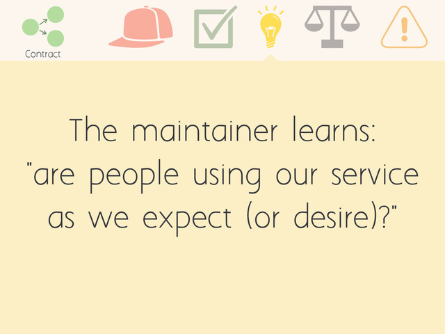 The maintainer learns:
"are people using our service
as we expect (or desire)?"
Contract
