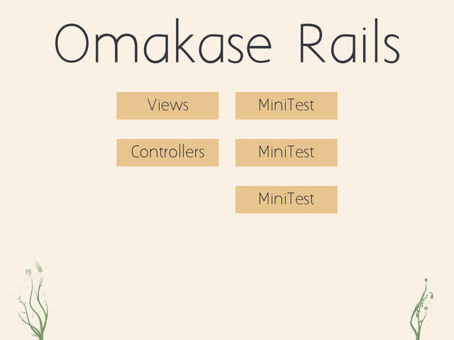 oeiz jdk
Omakase Rails
Controllers
Views MiniTest
MiniTest
MiniTest
