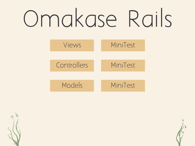 oeiz jdk
Omakase Rails
Controllers
Views
Models
MiniTest
MiniTest
MiniTest
