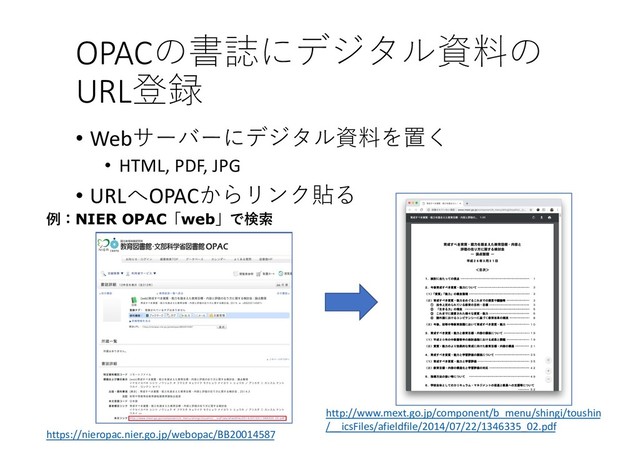 OPAC 
URL

• Web

• HTML, PDF, JPG
• URLOPAC 
NIER OPACweb
https://nieropac.nier.go.jp/webopac/BB20014587
http://www.mext.go.jp/component/b_menu/shingi/toushin
/__icsFiles/afieldfile/2014/07/22/1346335_02.pdf
