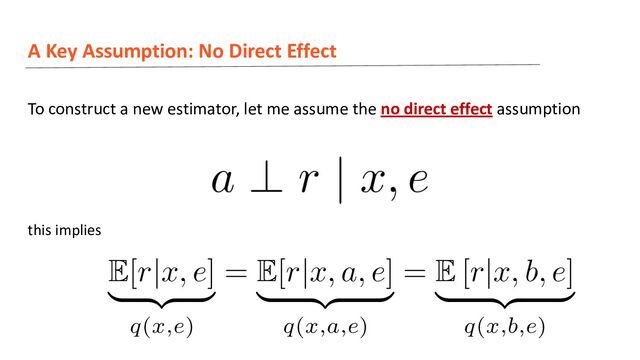 A Key Assumption: No Direct Effect
this implies
To construct a new estimator, let me assume the no direct effect assumption
