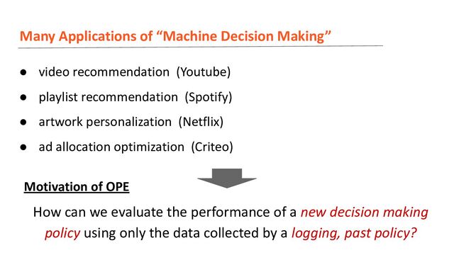 Many Applications of “Machine Decision Making”
How can we evaluate the performance of a new decision making
policy using only the data collected by a logging, past policy?
Motivation of OPE
● video recommendation (Youtube)
● playlist recommendation (Spotify)
● artwork personalization (Netflix)
● ad allocation optimization (Criteo)
