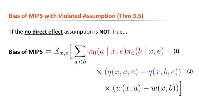 Bias of MIPS with Violated Assumption (Thm 3.5)
If the no direct effect assumption is NOT True...
Bias of MIPS (1)
(2)
