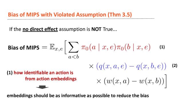 Bias of MIPS with Violated Assumption (Thm 3.5)
If the no direct effect assumption is NOT True...
Bias of MIPS (1)
(2)
(1) how identifiable an action is
from action embeddings
embeddings should be as informative as possible to reduce the bias
