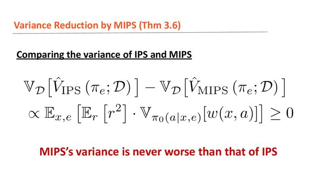 Variance Reduction by MIPS (Thm 3.6)
MIPS’s variance is never worse than that of IPS
Comparing the variance of IPS and MIPS
