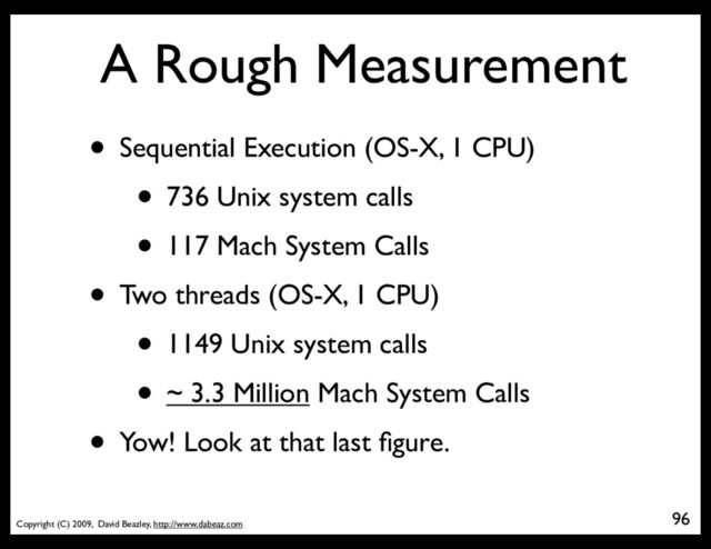 Copyright (C) 2009, David Beazley, http://www.dabeaz.com
A Rough Measurement
• Sequential Execution (OS-X, 1 CPU)
• 736 Unix system calls
• 117 Mach System Calls
• Two threads (OS-X, 1 CPU)
• 1149 Unix system calls
• ~ 3.3 Million Mach System Calls
• Yow! Look at that last ﬁgure.
96
