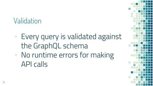 Validation
▪ Every query is validated against
the GraphQL schema
▪ No runtime errors for making
API calls
14
