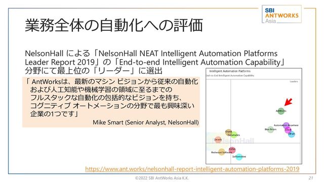 業務全体の自動化への評価
NelsonHall による「NelsonHall NEAT Intelligent Automation Platforms
Leader Report 2019」の「End-to-end Intelligent Automation Capability」
分野にて最上位の「リーダー」に選出
©2022 SBI AntWorks Asia K.K. 21
https://www.ant.works/nelsonhall-report-intelligent-automation-platforms-2019
「 AntWorksは、最新のマシン ビジョンから従来の自動化
および人工知能や機械学習の領域に至るまでの
フルスタックな自動化の包括的なビジョンを持ち、
コグニティブ オートメーションの分野で最も興味深い
企業の1つです」
Mike Smart (Senior Analyst, NelsonHall)
