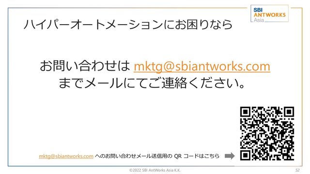 ハイパーオートメーションにお困りなら
お問い合わせは mktg@sbiantworks.com
までメールにてご連絡ください。
©2022 SBI AntWorks Asia K.K.
mktg@sbiantworks.com へのお問い合わせメール送信用の QR コードはこちら
52

