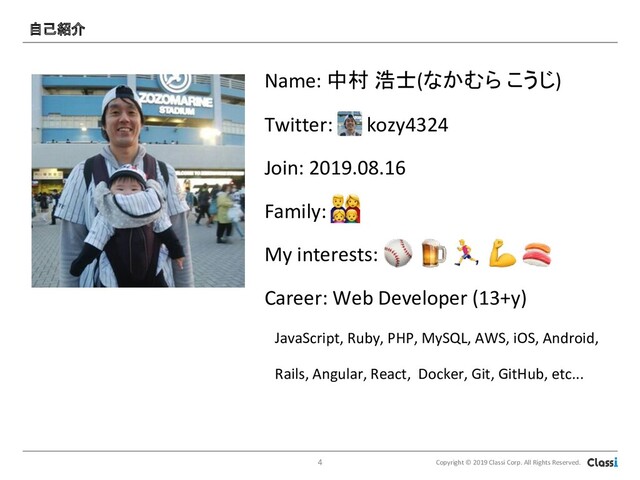 Copyright © 2019 Classi Corp. All Rights Reserved.
Name: 中村 浩士(なかむら こうじ)
Twitter: 　 kozy4324
Join: 2019.08.16
Family:
My interests:
Career: Web Developer (13+y)
　JavaScript, Ruby, PHP, MySQL, AWS, iOS, Android,
　Rails, Angular, React, Docker, Git, GitHub, etc...
自己紹介
4
