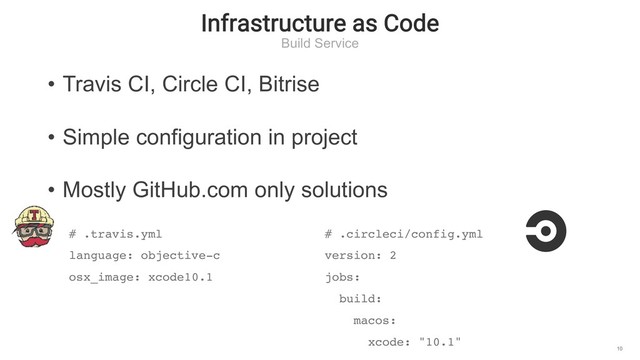 Infrastructure as Code
Build Service
10
• Travis CI, Circle CI, Bitrise
• Simple configuration in project
• Mostly GitHub.com only solutions
# .travis.yml
language: objective-c
osx_image: xcode10.1
# .circleci/config.yml
version: 2
jobs:
build:
macos:
xcode: "10.1"
