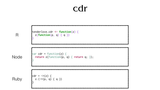 cdr
tenderlove.cdr <- function(z) {
z(function(p, q) { q })
}
R
var cdr = function(z) {
return z(function(p, q) { return q; });
}
Node
cdr = ->(z) {
z.(->(p, q) { q })
}
Ruby
