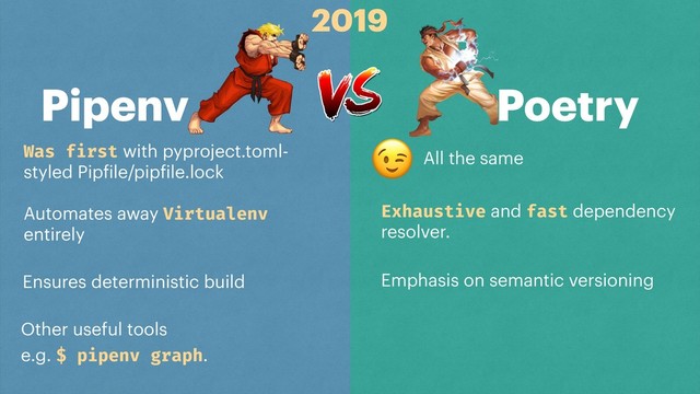Pipenv Poetry
Was first with pyproject.toml-
styled Pipfile/pipfile.lock
Automates away Virtualenv
entirely
Ensures deterministic build
Other useful tools
e.g. $ pipenv graph.
Exhaustive and fast dependency
resolver.
Emphasis on semantic versioning
All the same

2019
