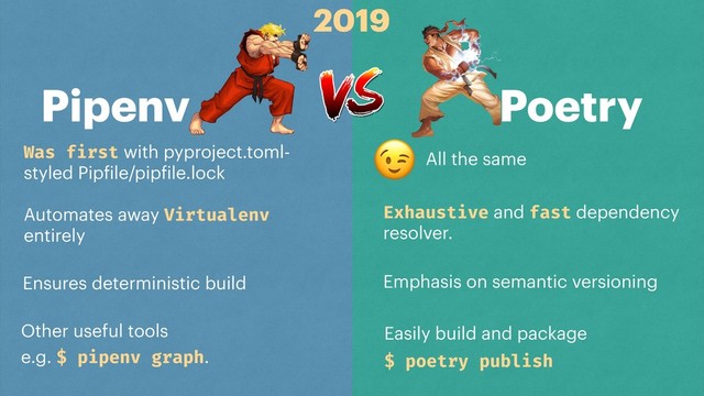 Pipenv Poetry
Was first with pyproject.toml-
styled Pipfile/pipfile.lock
Automates away Virtualenv
entirely
Ensures deterministic build
Other useful tools
e.g. $ pipenv graph.
Exhaustive and fast dependency
resolver.
Emphasis on semantic versioning
Easily build and package
$ poetry publish
All the same

2019

